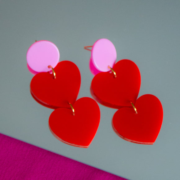 Light Pink- Red Heart Earrings
