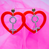 Open Red Heart And Female Symbol Earrings
