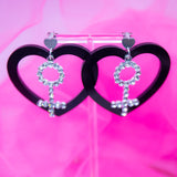 Open Black Heart And Female Symbol Earrings