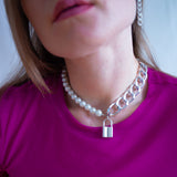 Chunky Lock Charm Pearl/Chain Choker Necklace