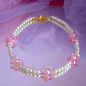 Transparent Flower Pearl Choker  Necklace ( Pink / Creamy White)