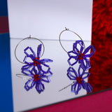 Blue Beaded Flower Hoop Earrings