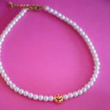 Gold Mini Metal Smiley Face Pearl Necklace