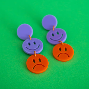 Sad/Happy Smiley Face Dangle Earrings (Lilac/Orange)