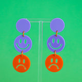 Sad/Happy Smiley Face Dangle Earrings (Lilac/Orange)