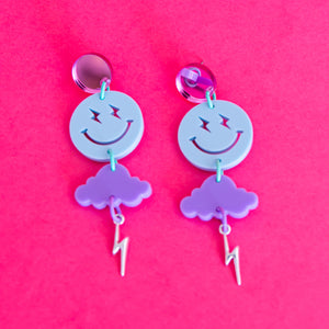 Blue/Lilac Lightning Smiley Face Earrings