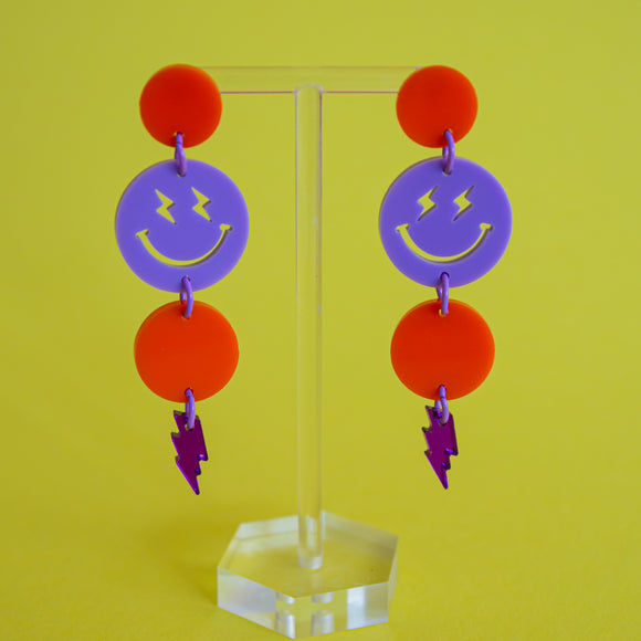 Lilac/Orange Lightning Smiley Face Earrings