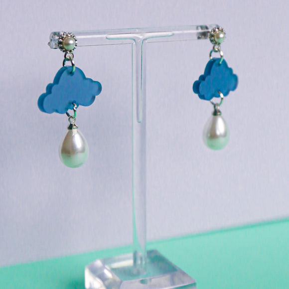 Mini Cloud & Pearl Drop Earrings  ( Peacock Blue)