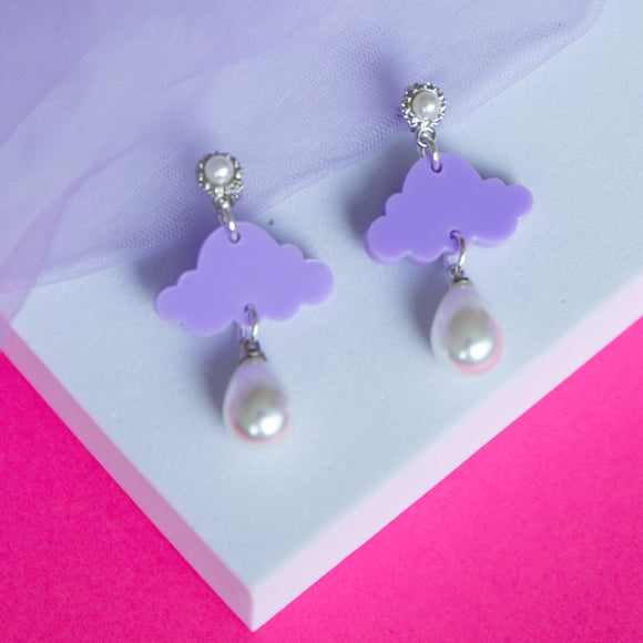 Mini Cloud & Pearl Drop Earrings (Lilac)