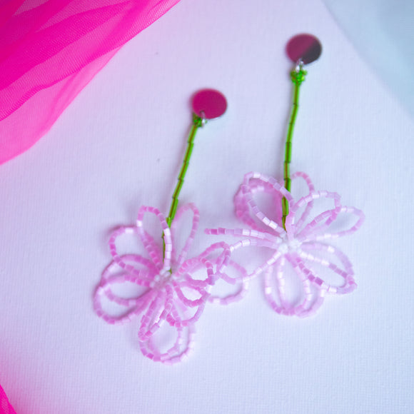 Beaded Flower Earrings ( Baby Pink)
