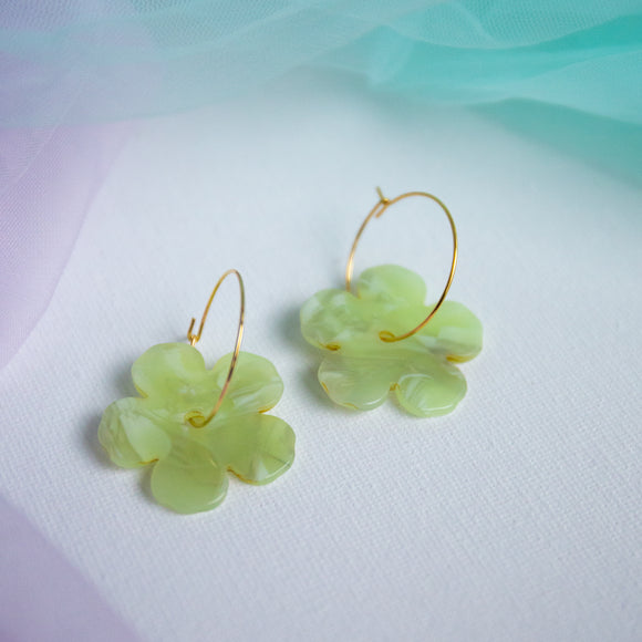 Green Flower Hoop Earrings