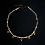 Gold Steel Smiley Face / Lightning  Pearl Necklace