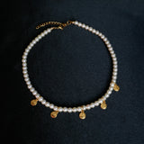 Gold Steel Smiley Face / Lightning  Pearl Necklace