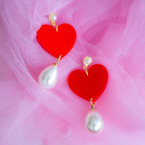 Red Heart With Pearl Drop Earrings